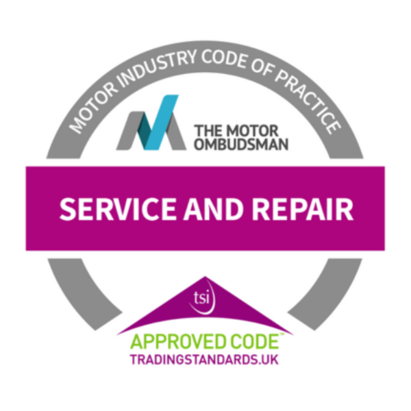 Motor Ombudsman service and repair logo with Trading Standards approval.