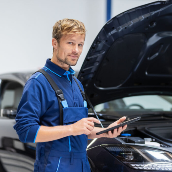 Mechanic in blue uniform using a tablet near a car with an open bonnet.