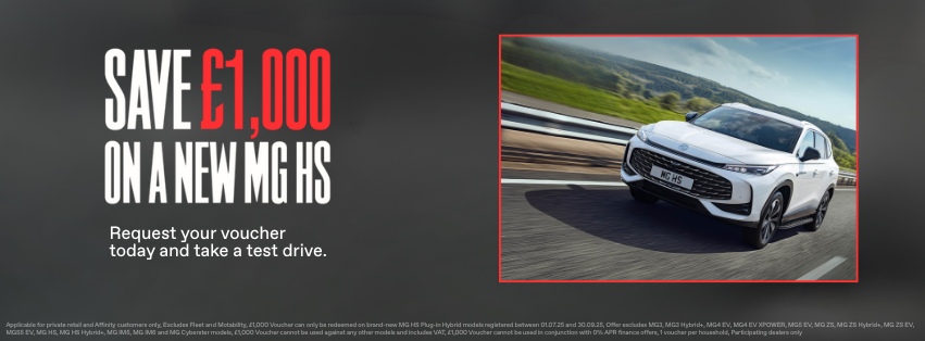 Save £1,000 on a new MG HS with image of white MG HS car driving on road.